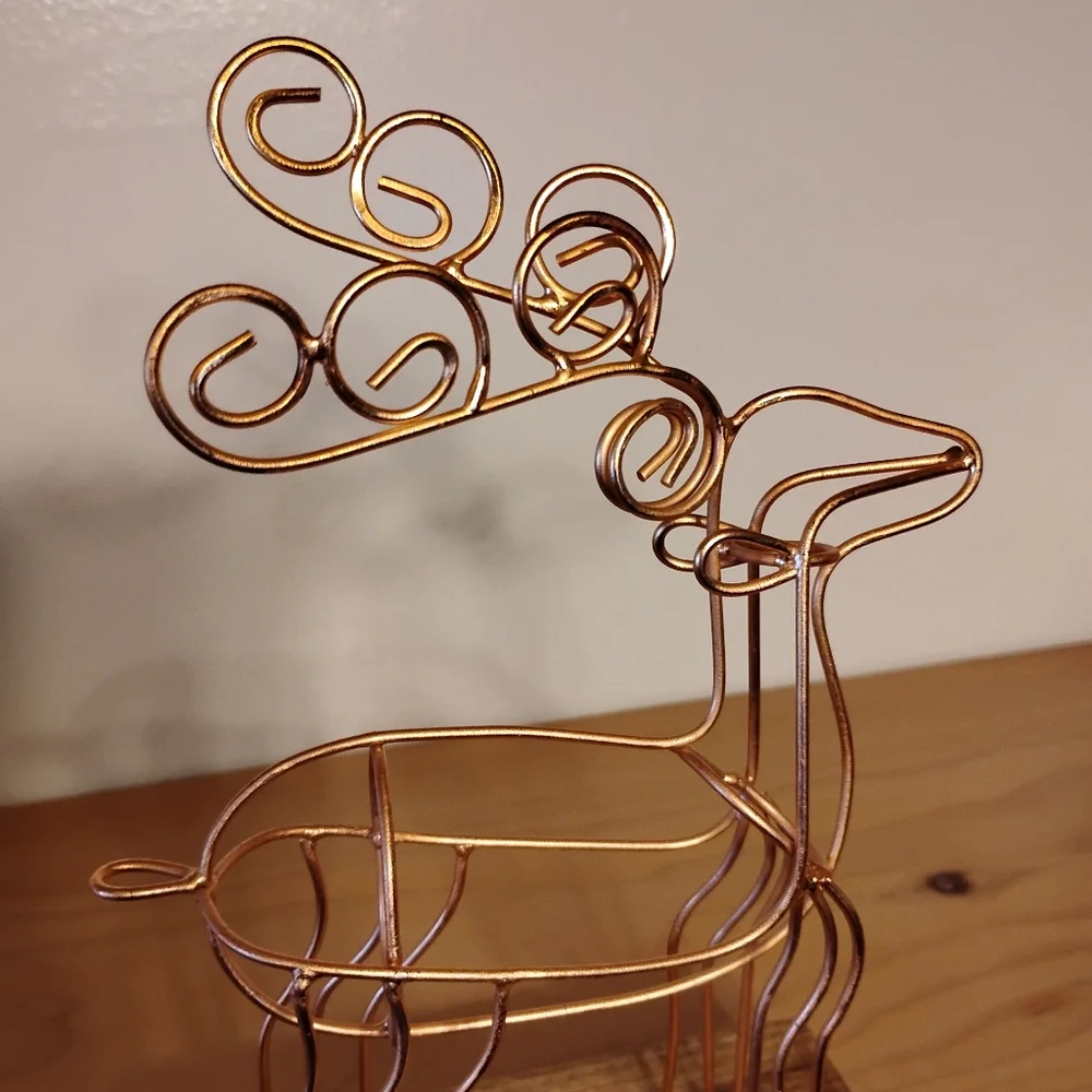 Crate & Barrel Copper Tone Wire Deer on Wood Christmas‎ Mantle Stocking Hanger